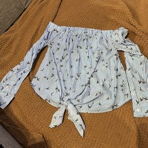 Blue/White Stripe Off the shoulder shirt with birds